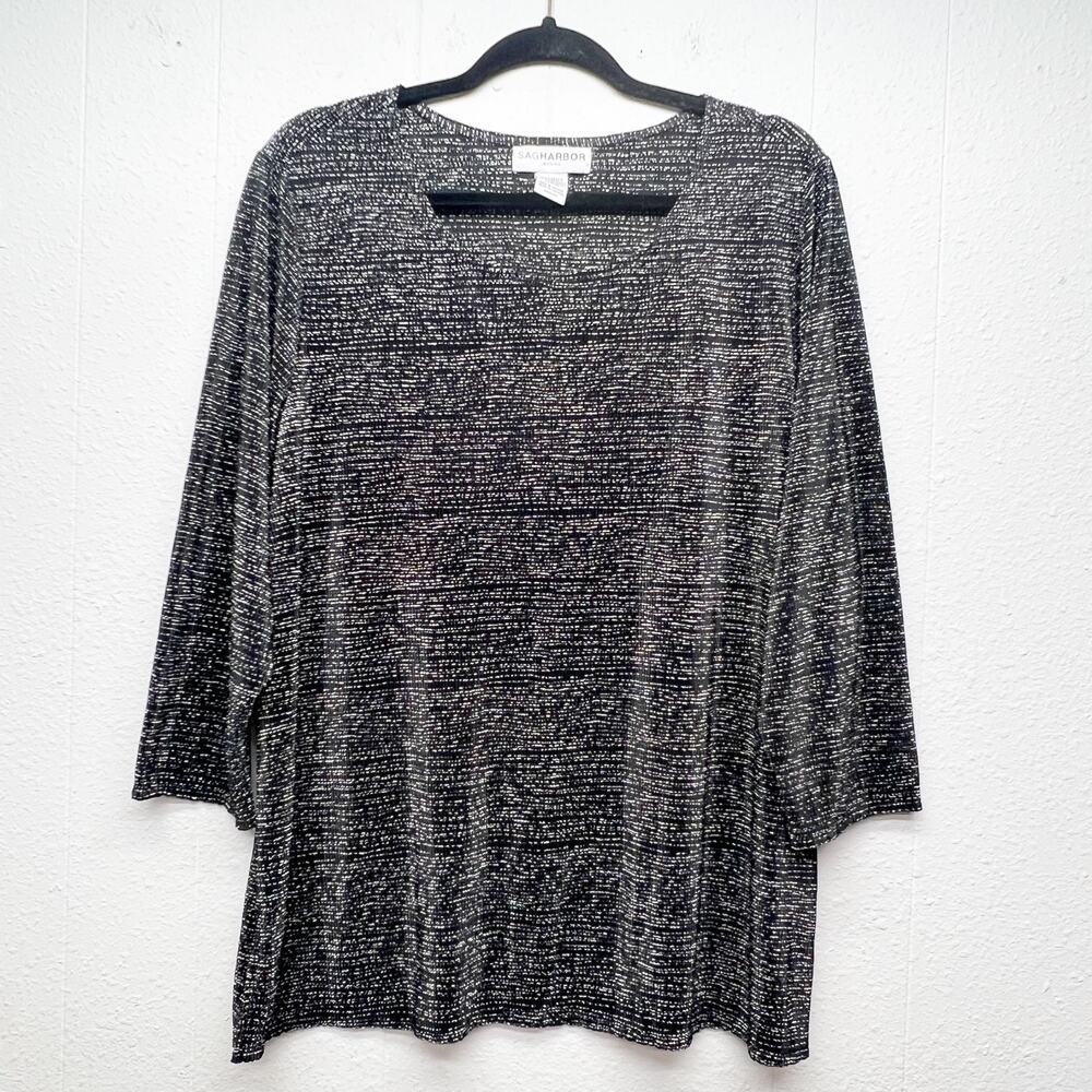 Sag Harbor Metallic Black 3/4 Sleeve Relaxed Top Womens 1X Party Event Evening